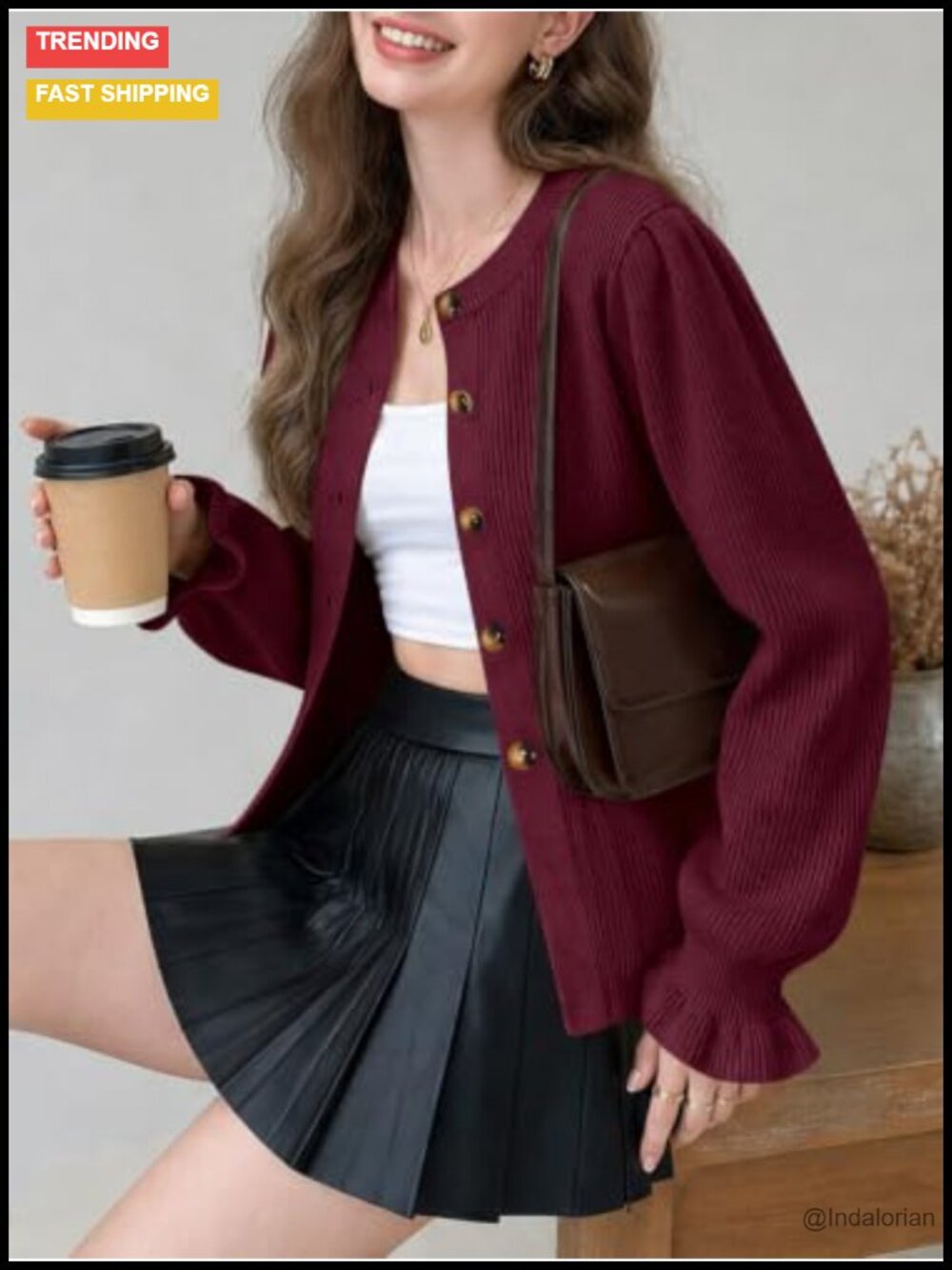 Cropped Ruffle Sleeve Button Up Cardigan Sweater - Picture 3 of 6